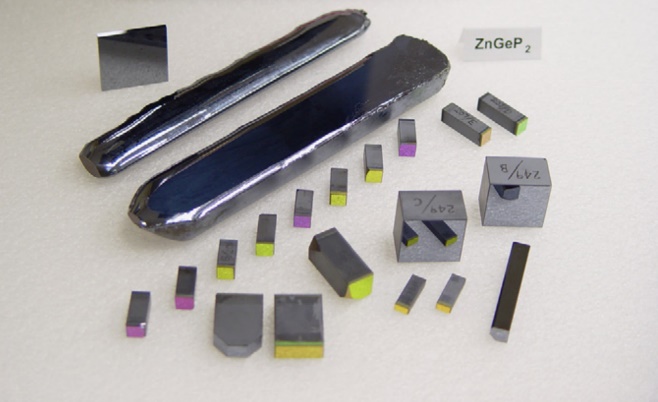 Fig 1. Photos of single crystal ZnGeP2 and OPO samples.